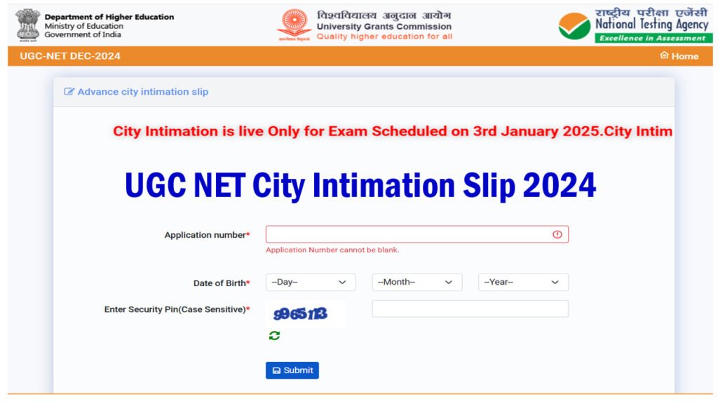 UGC NET City Intimation Slip 2024