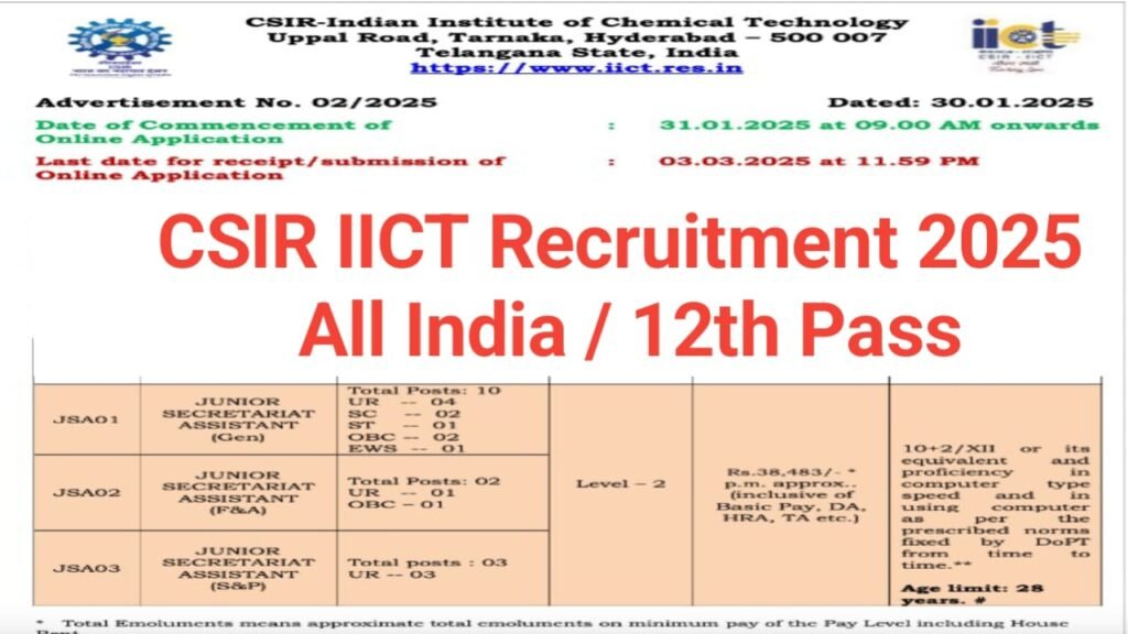 CSIR IICT Junior Secretariat Assistant Recruitment 2025
