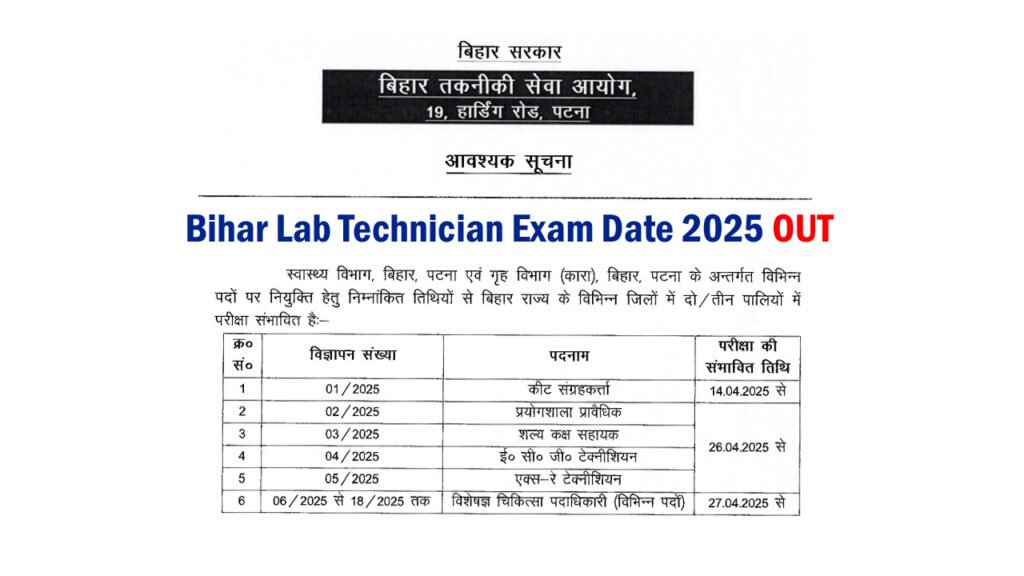 BTSC Bihar Lab Technician Exam Date 2025