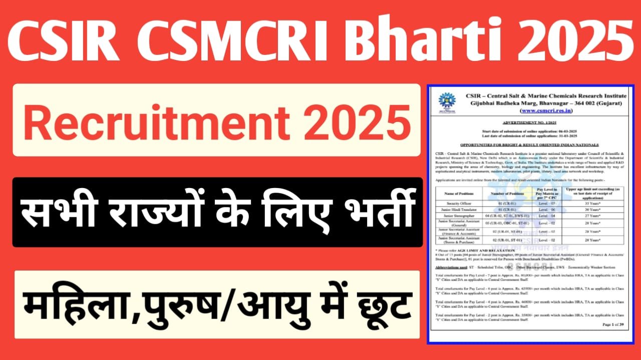 CSIR CSMCRI Recruitment 2025