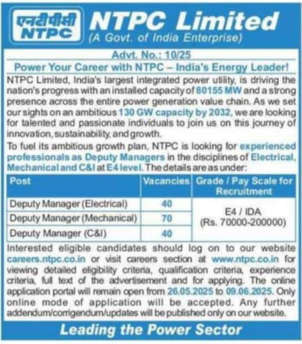 NTPC Deputy Manager Online Form 2025