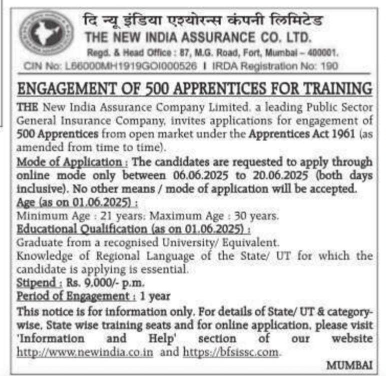NIACL Apprentice Online Form 2025